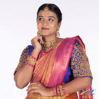 Royal Blue Silk Cloth Blouse with Small leaf (like flower pot) and chain work Design