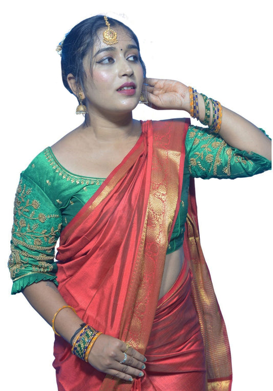 Festive Peacock Green Blouse with Diya Motif and Floral Aari Fusion Work