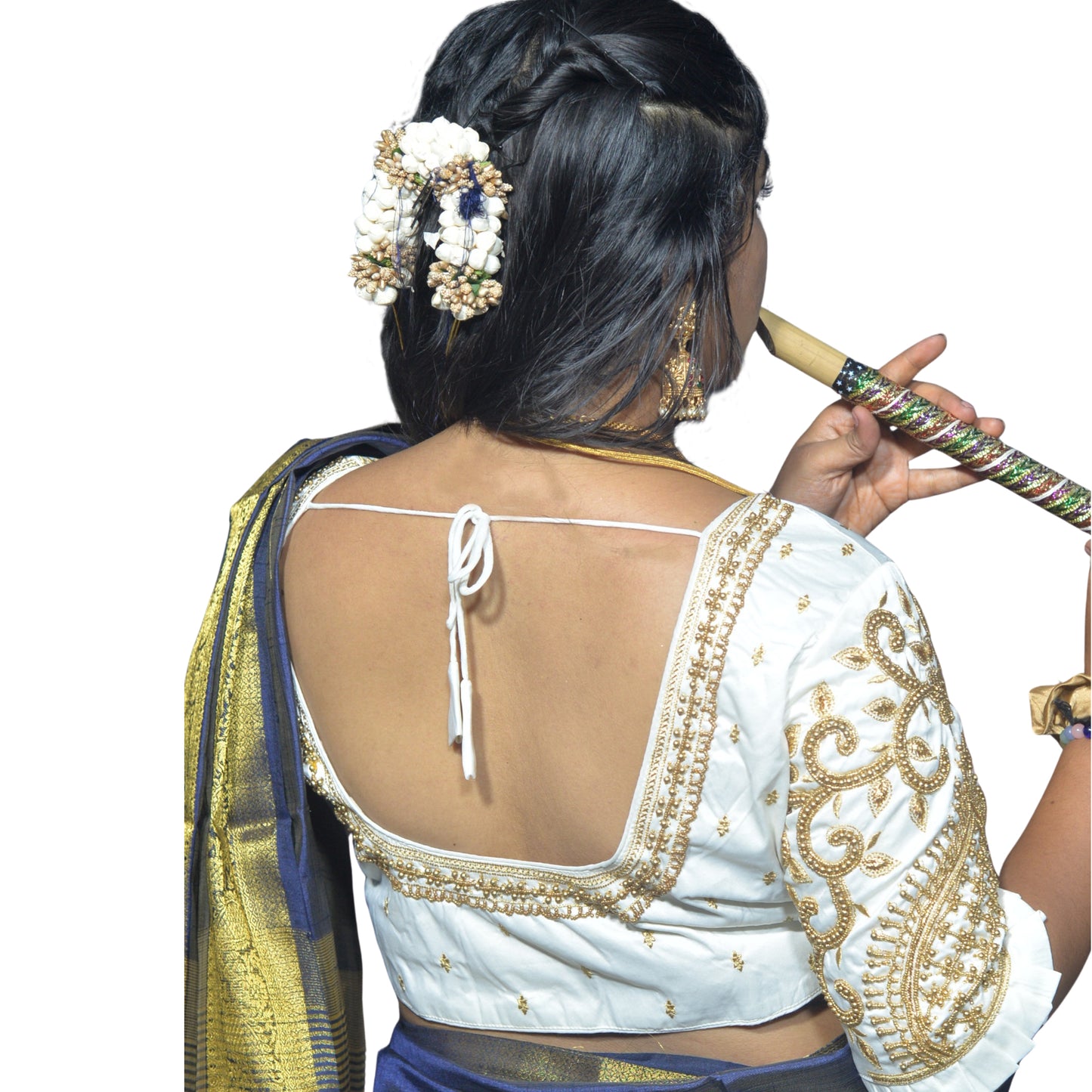 White Blouse with Leaf Sleeves & Dual Embroidery