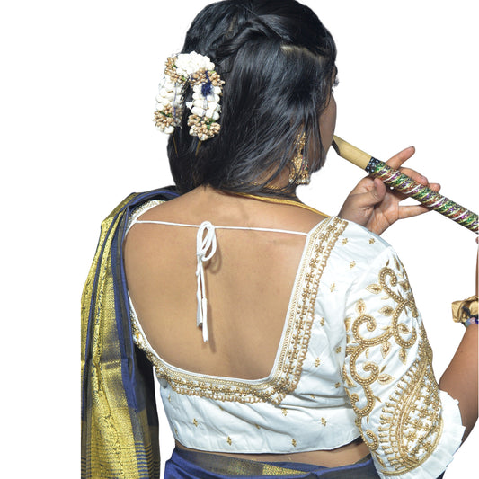 White Blouse with Leaf Sleeves & Dual Embroidery