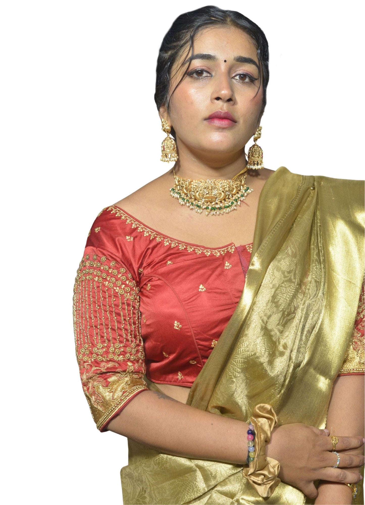 Designer White Blouse with Peacock and Floral Aari Fusion Work