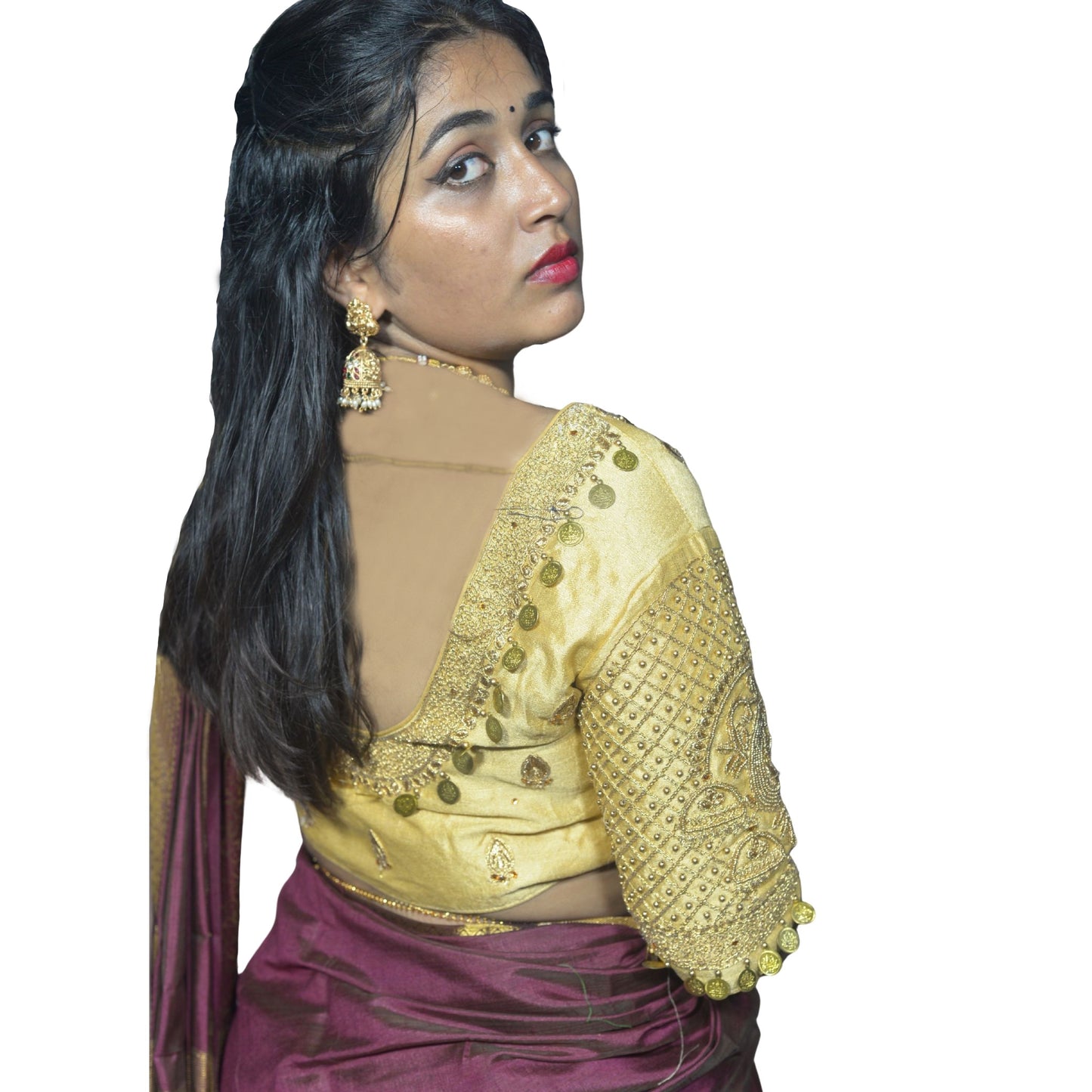 Gold Blouse with Moti & Lakshmi Coin Sleeves, Dual Embroidery