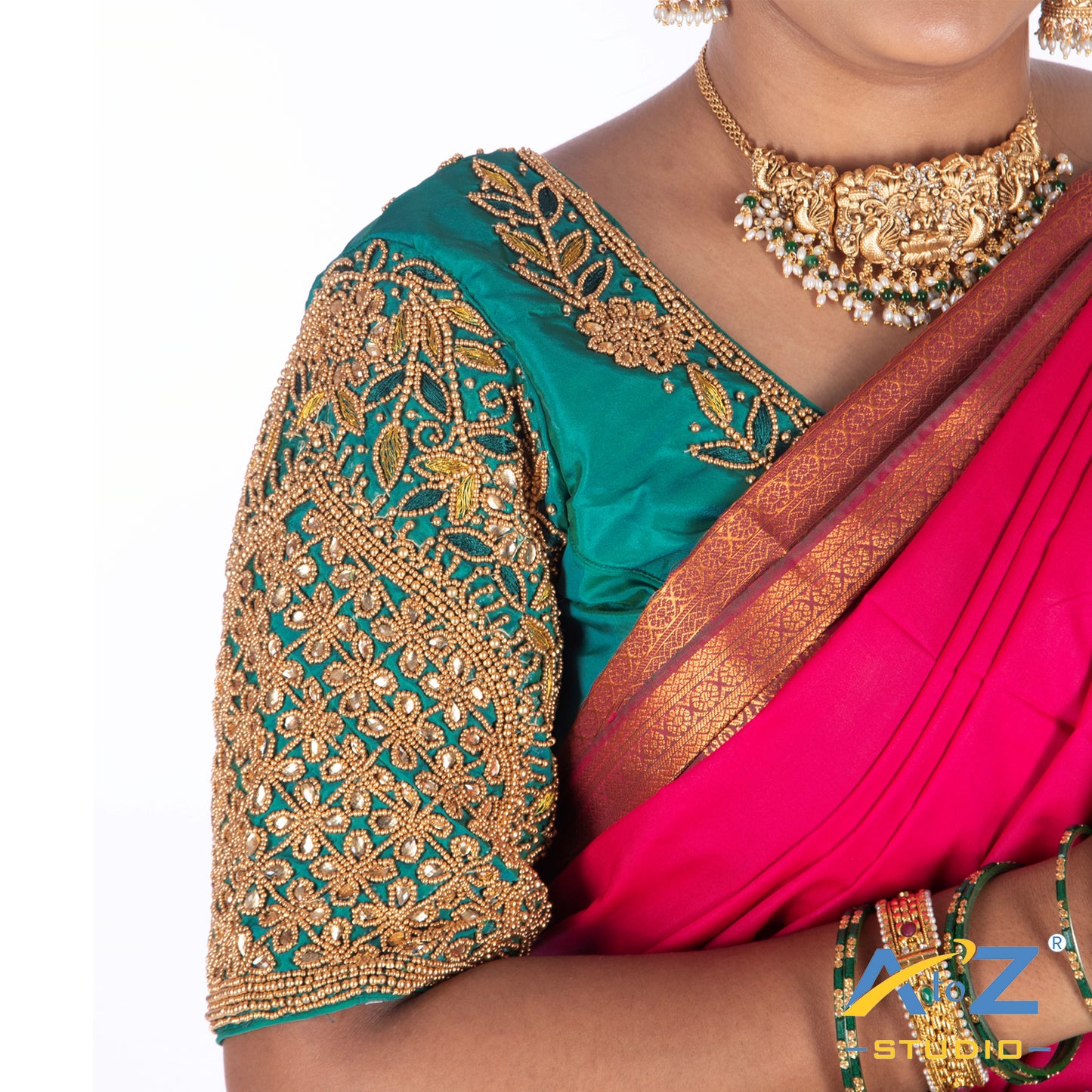 Rama Blue Silk Cloth Blouse with Leaf and flower Design