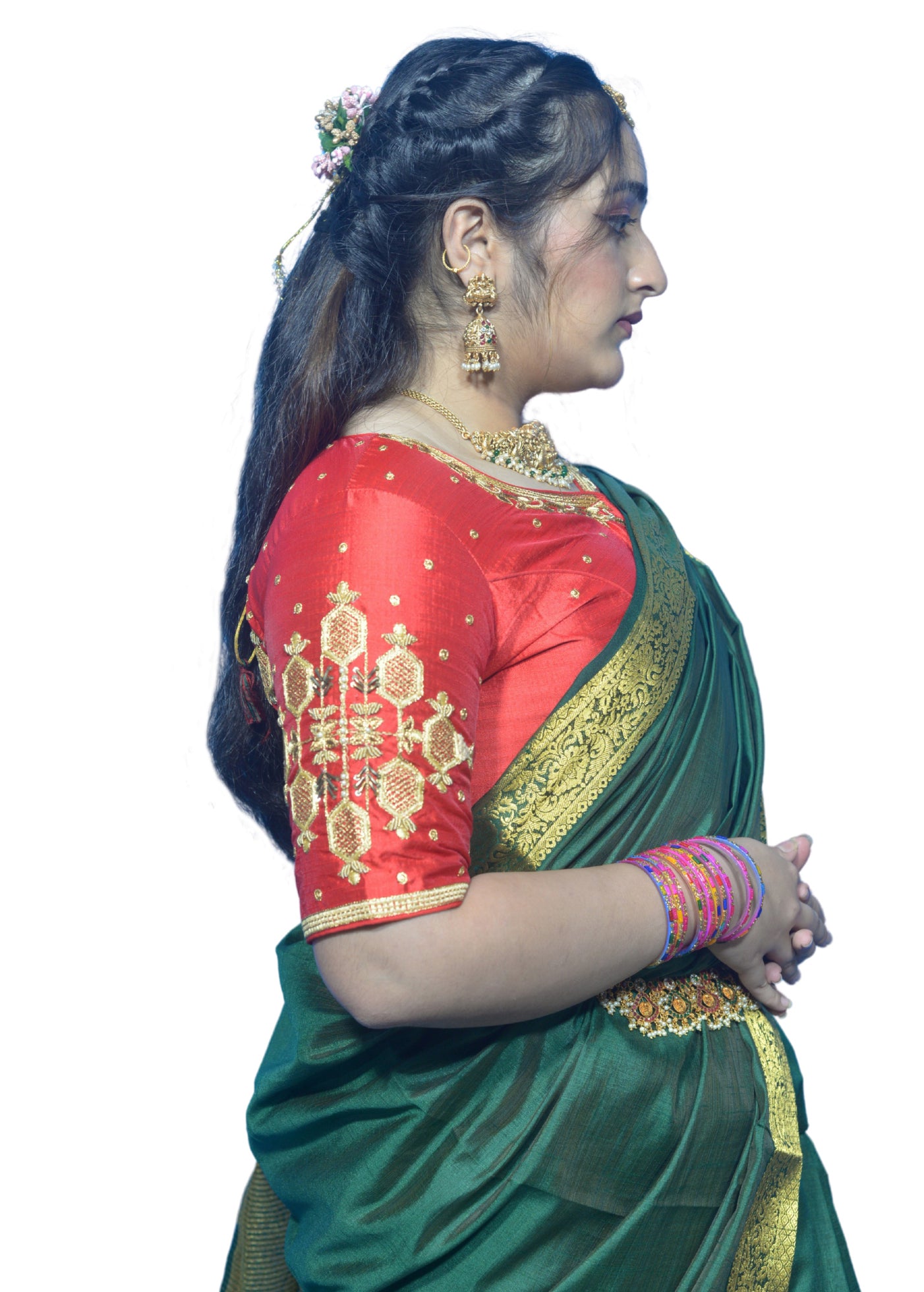 Red Blouse with Floral & Geometric Embroidery