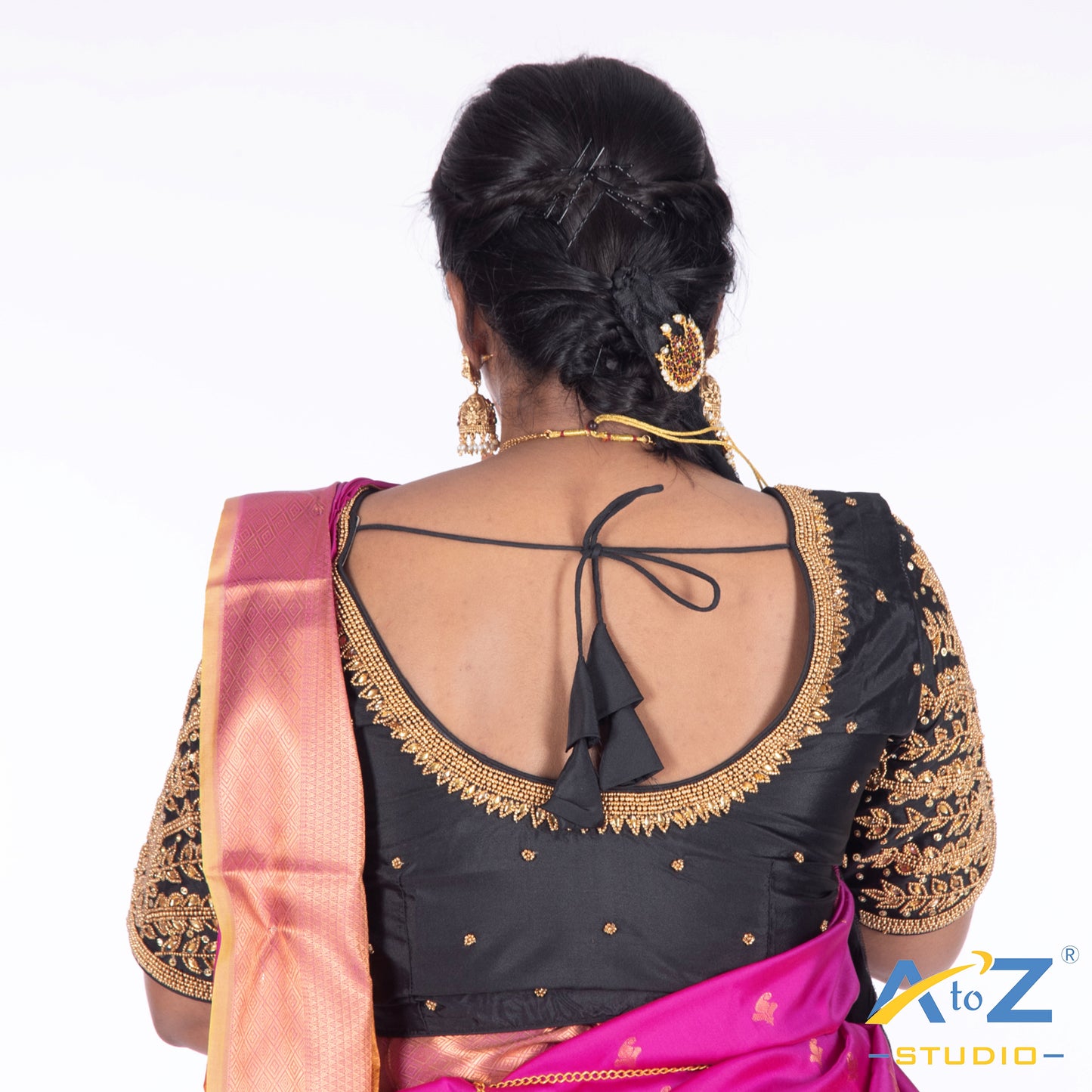 Black Silk Cloth Blouse with Small leaf (like flower pot) and chain work Design