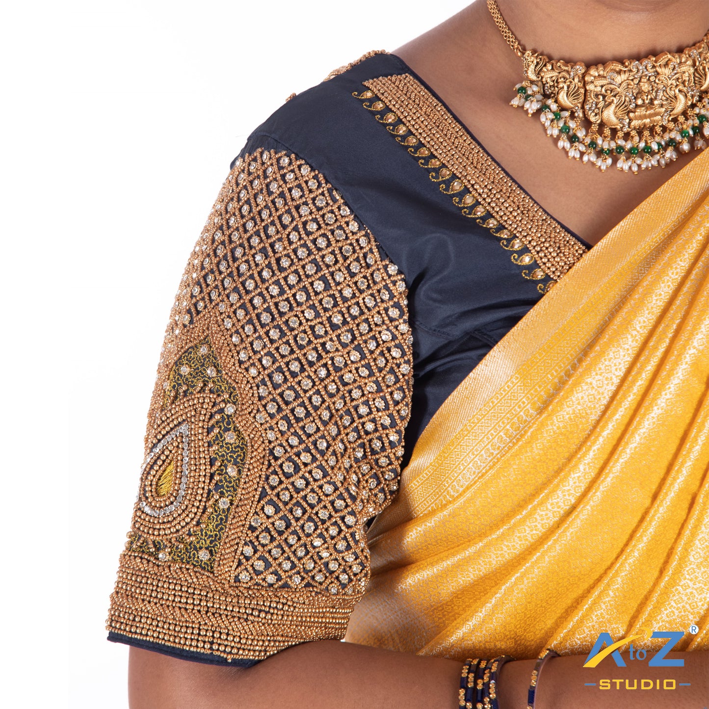 navy Blue Silk Cloth Blouse with Mango and chain kundan Design