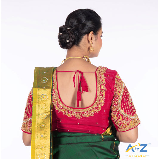 Punch Pink Silk Cloth Blouse with Lotus in circle Design