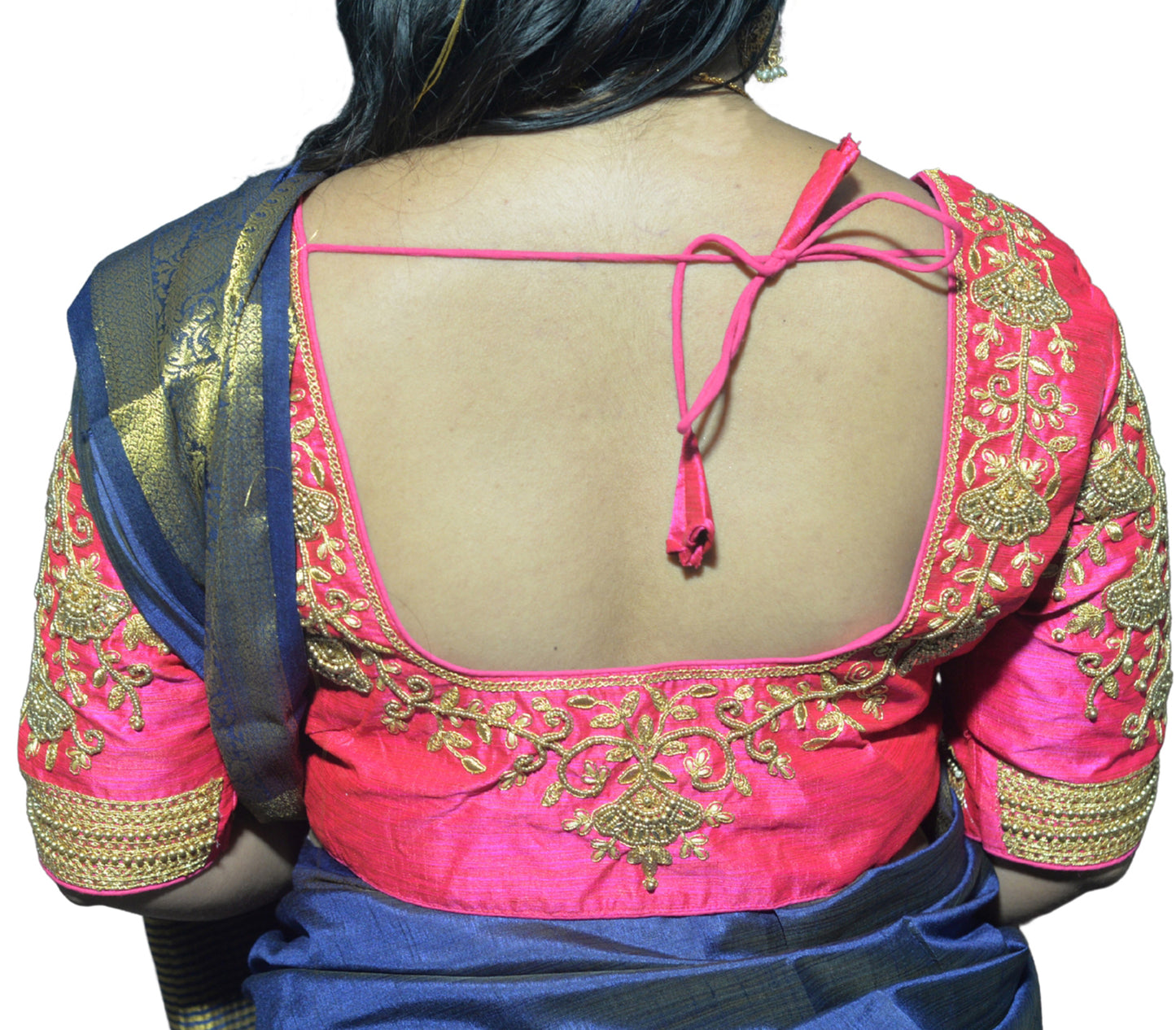 Fuchsia Blouse with Floral Motifs & Dual Embroidery