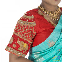 Red Silk Cloth Blouse with Elephant and chain design Design