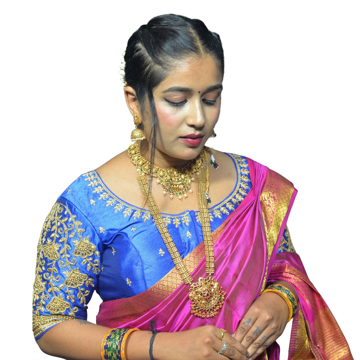 Royal Blue Blouse with Floral Motifs & Dual Embroidery