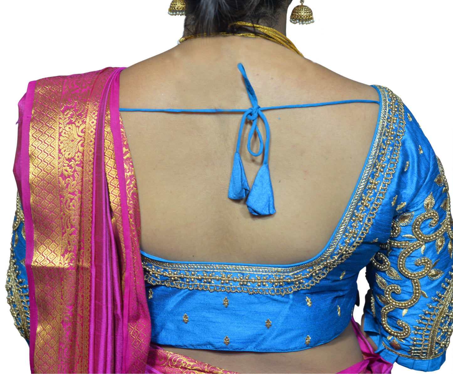 Peacock Blue Blouse with Leaf Sleeves & Dual Embroidery