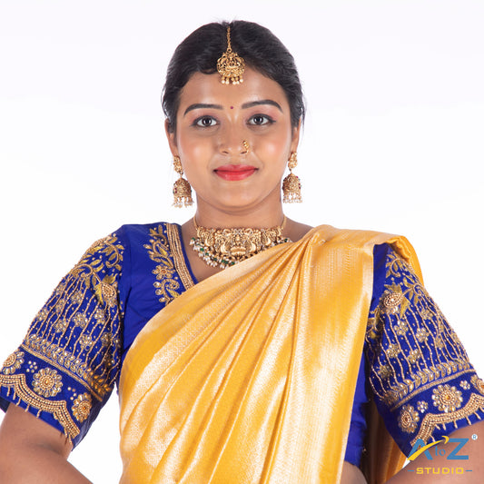 Royal Blue Silk Cloth Blouse with Flower and chain Design