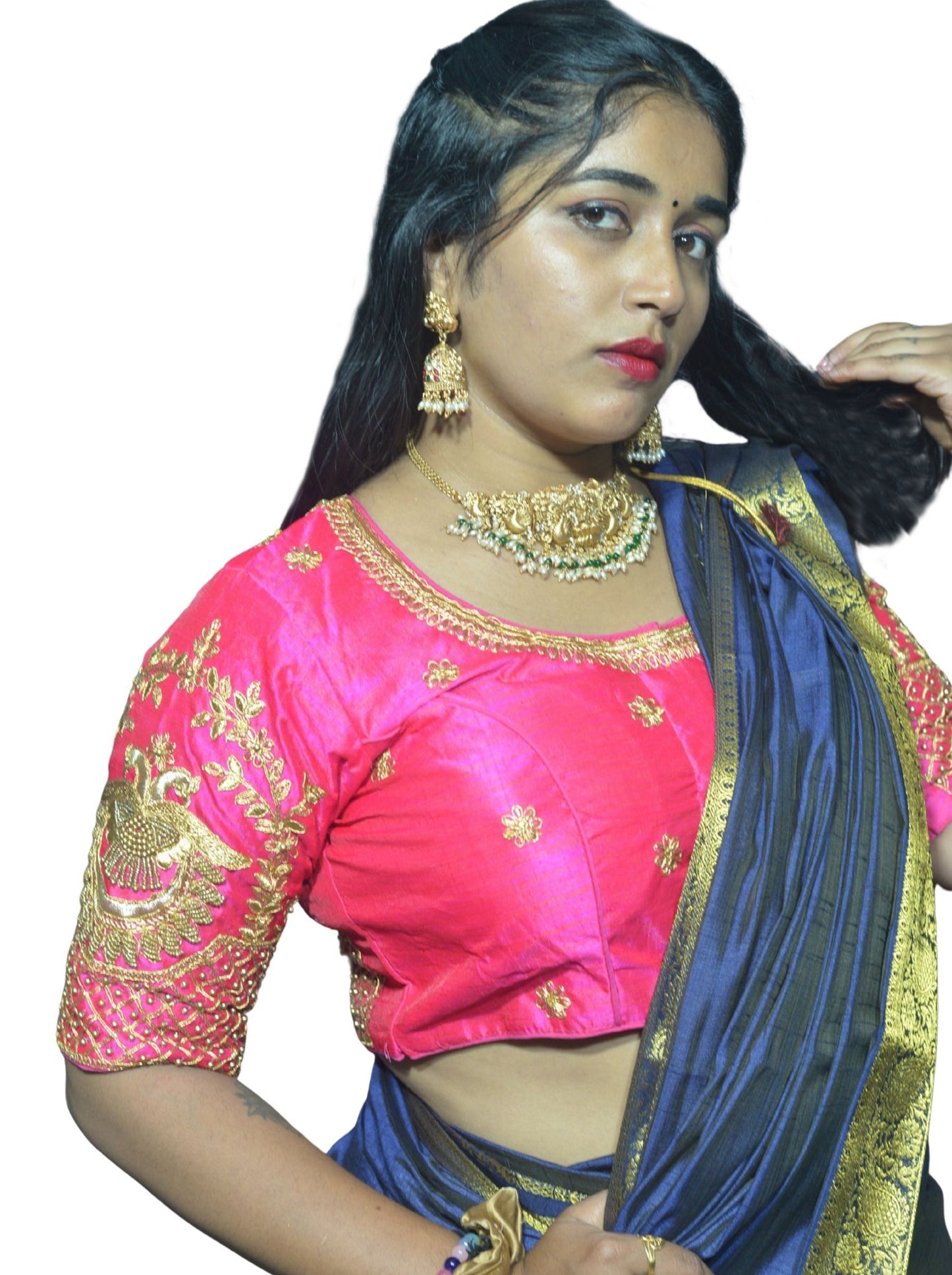 Fuchsia Peacock Blouse with Shoulder Motifs & Criss-Cross Back