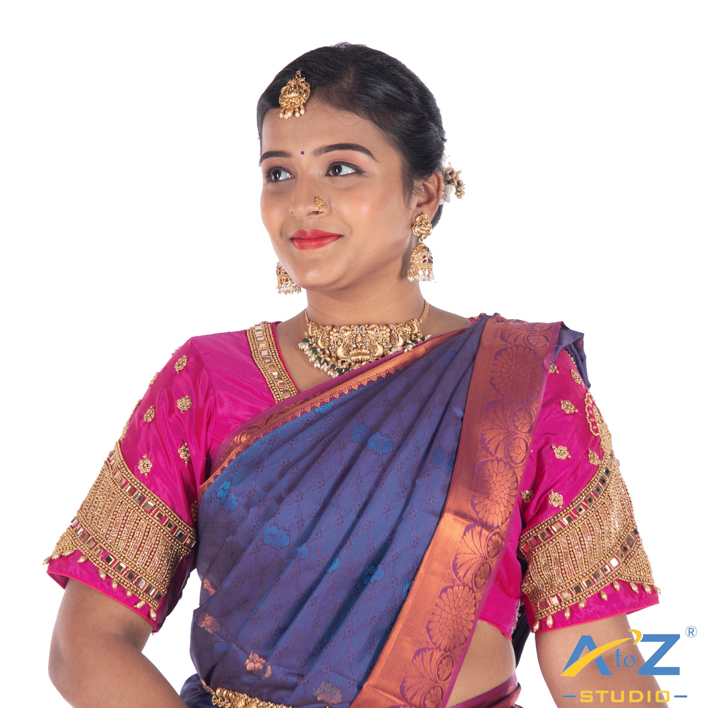 Fuchsia  Silk Cloth Blouse with Small peacock ,chain and mirror Design