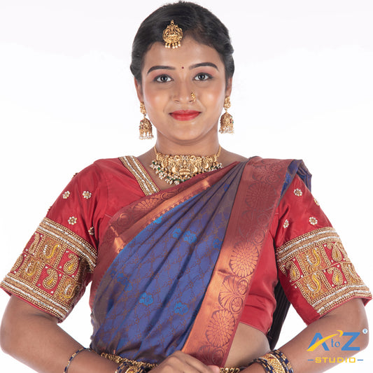 Punch Pink Silk Cloth Blouse with Small peacock and small mango in square box Design