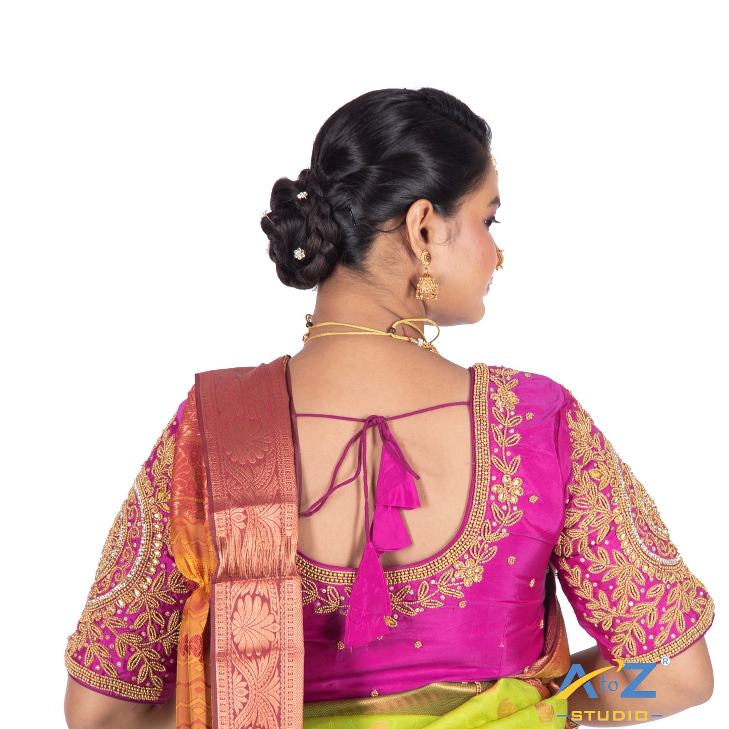 Bright pink Tissue Cloth / Gold Work Blouse with Circle and kundan work Design