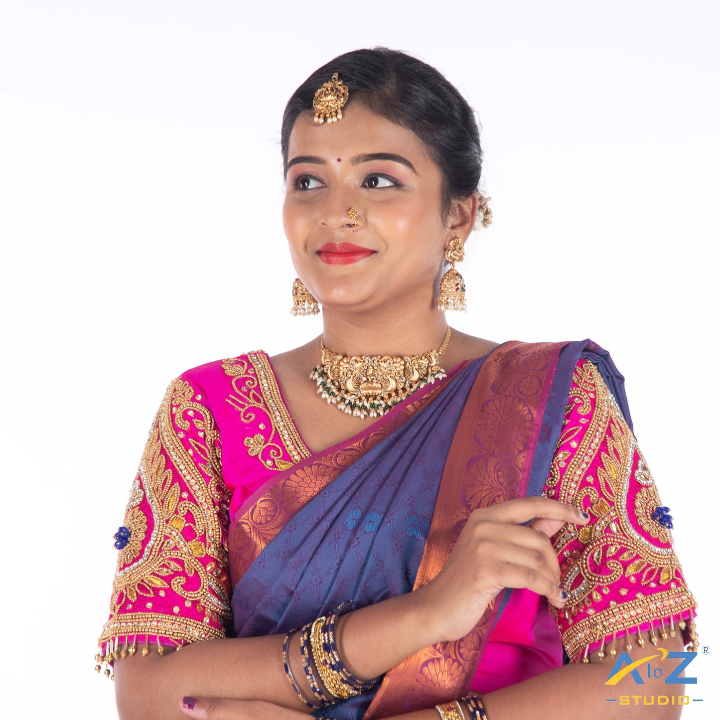 Bright Pink Silk Cloth Blouse with Rain drop nd kundan Design