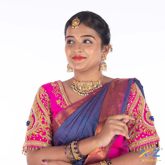 Bright Pink Silk Cloth Blouse with Rain drop nd kundan Design