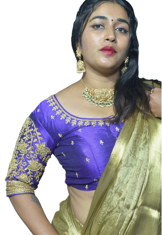 Purple Blouse with Floral Motifs & Dual Embroidery