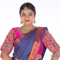 Bright Pink Silk Cloth Blouse with Bird and leafs and flowers Design