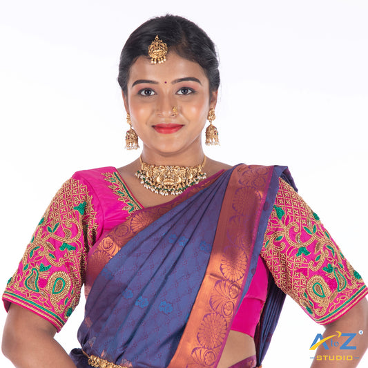 Bright Pink Silk Cloth Blouse with Bird and leafs and flowers Design