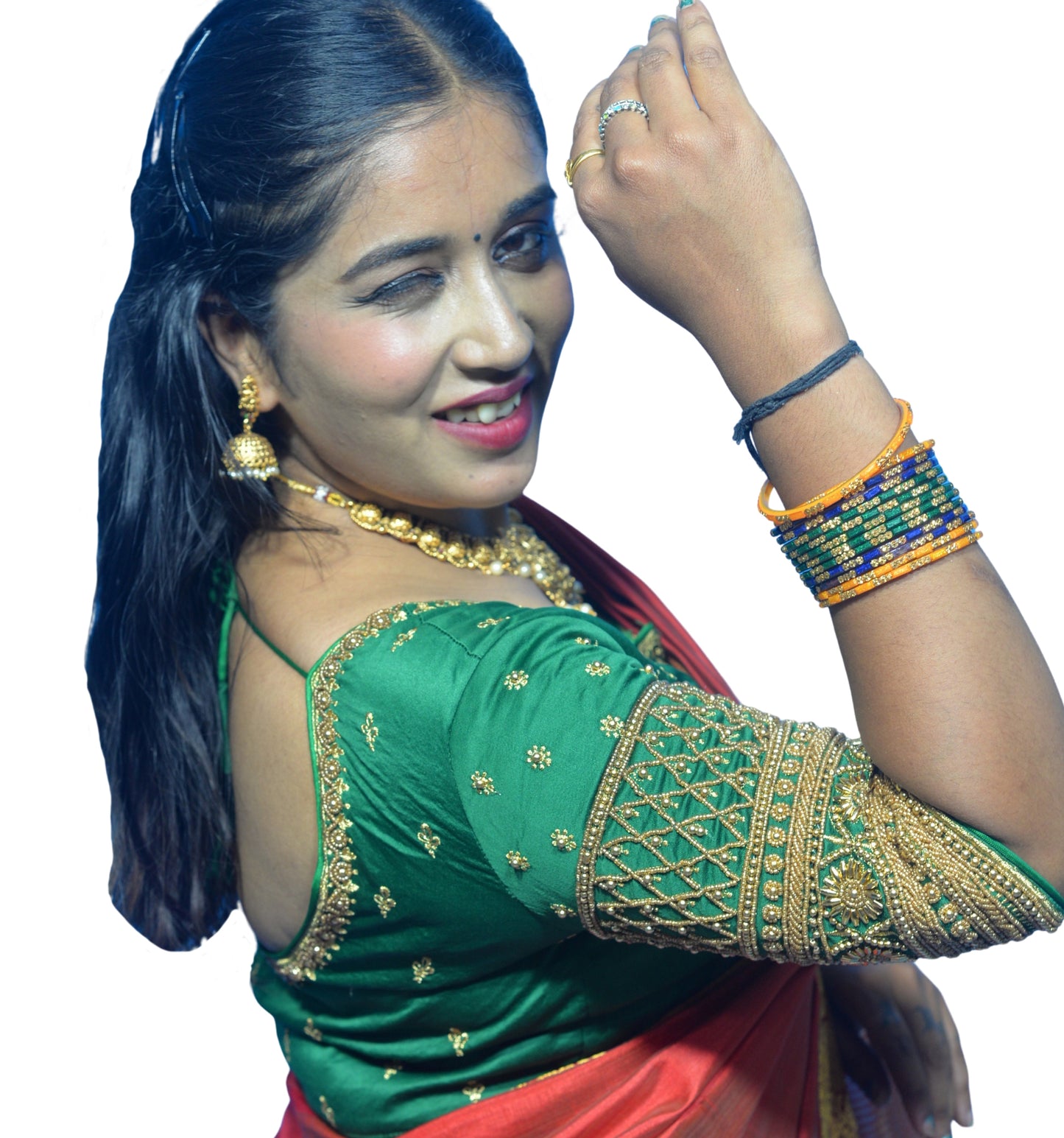 Designer Peacock Green Blouse with Criss-Cross Floral Sleeves and Aari Embroidered Back