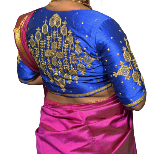 Royal Blue Blouse with Floral & Geometric Embroidery