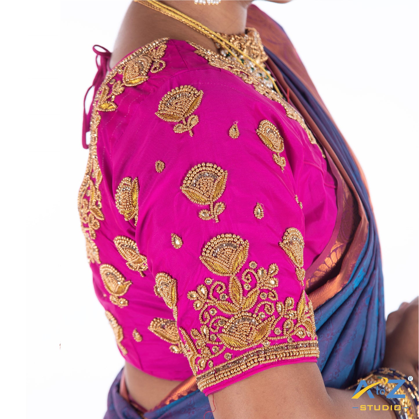 Bright Pink Silk Cloth Blouse with Flower Jhumka Design