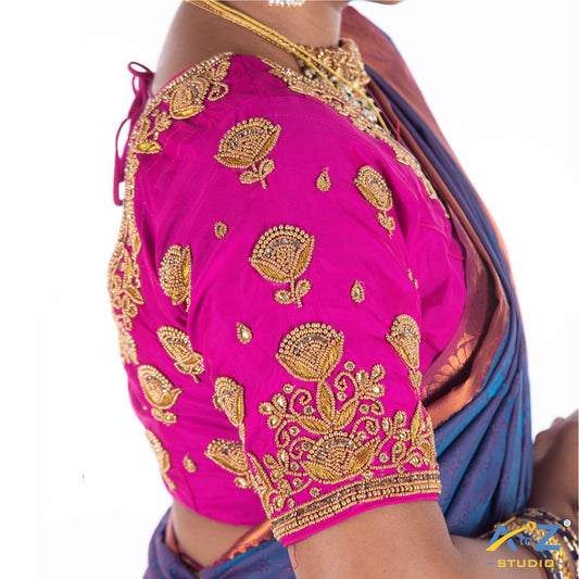 Bright Pink Silk Cloth Blouse with Flower Jhumka Design