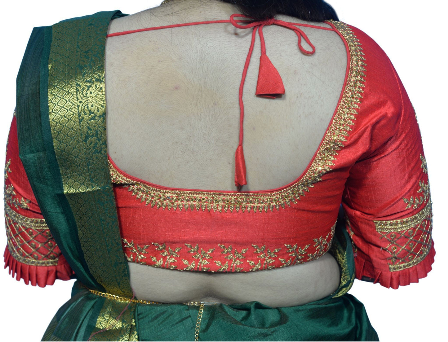 Designer Red Blouse with Cross Plus Pattern and Puff Sleeves