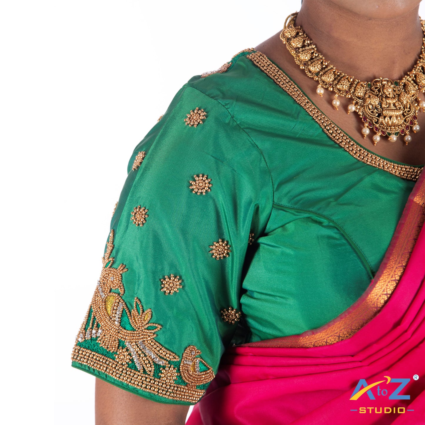 Light Forest Green Silk Cloth Blouse with Double bird at back and sleeves with chain Design