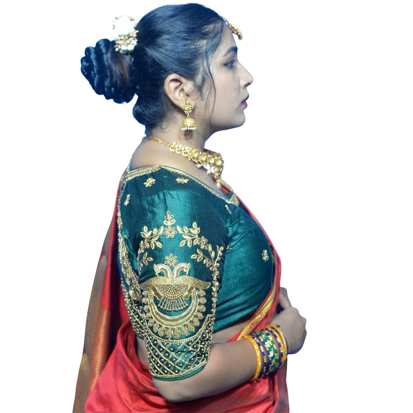 Dark Green Peacock Blouse with Shoulder Motifs & Criss-Cross Back