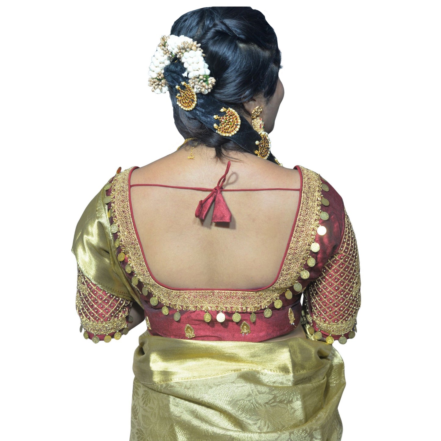 Maroon Aari Blouse with Moti & Coins