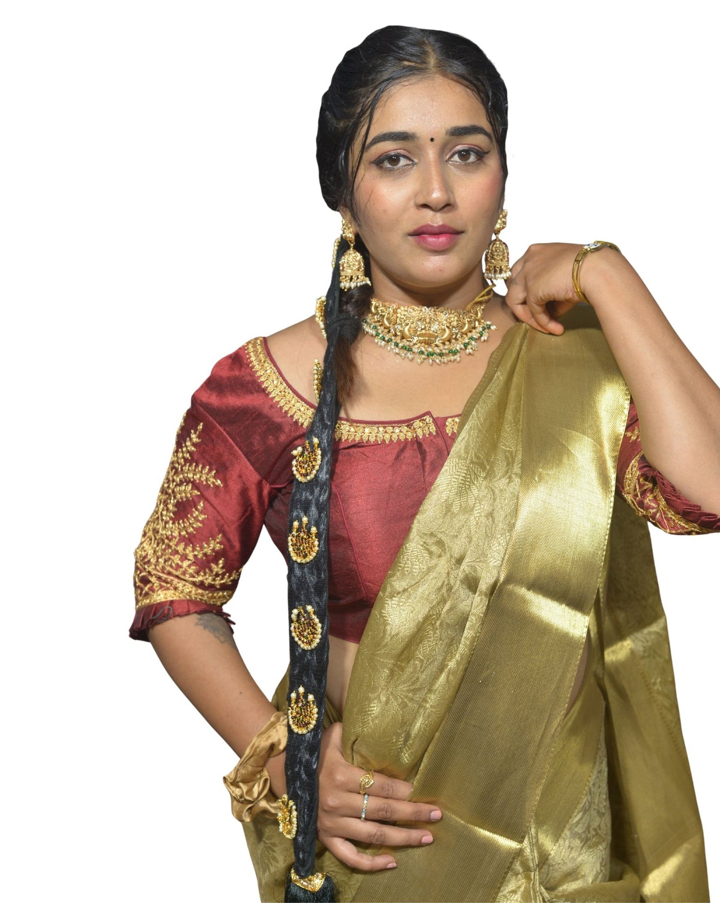 Designer Maroon Blouse with Cross Plus Pattern and Puff Sleeves