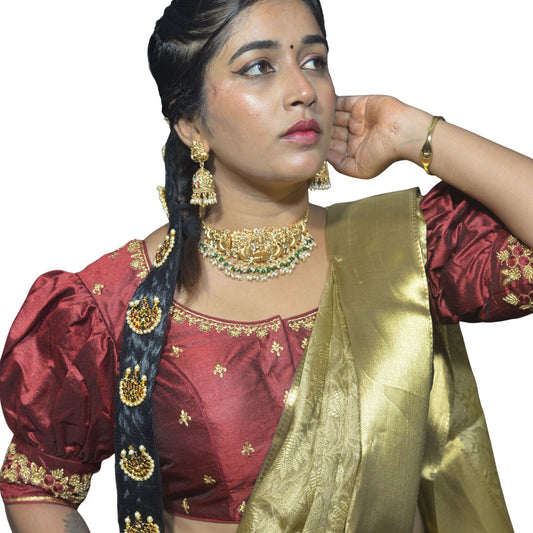 Maroon Blouse with Gold Motifs & Dual Embroidery