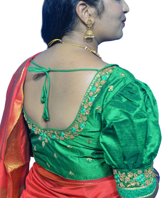 Parrot Green Blouse with Gold Motifs & Dual Embroidery