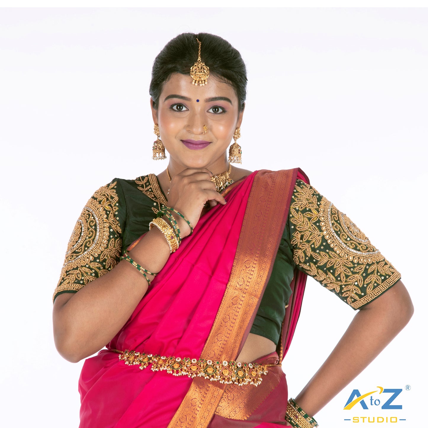 Bottle Green Tissue Cloth/Gold Work Blouse with Circle and kundan work Design