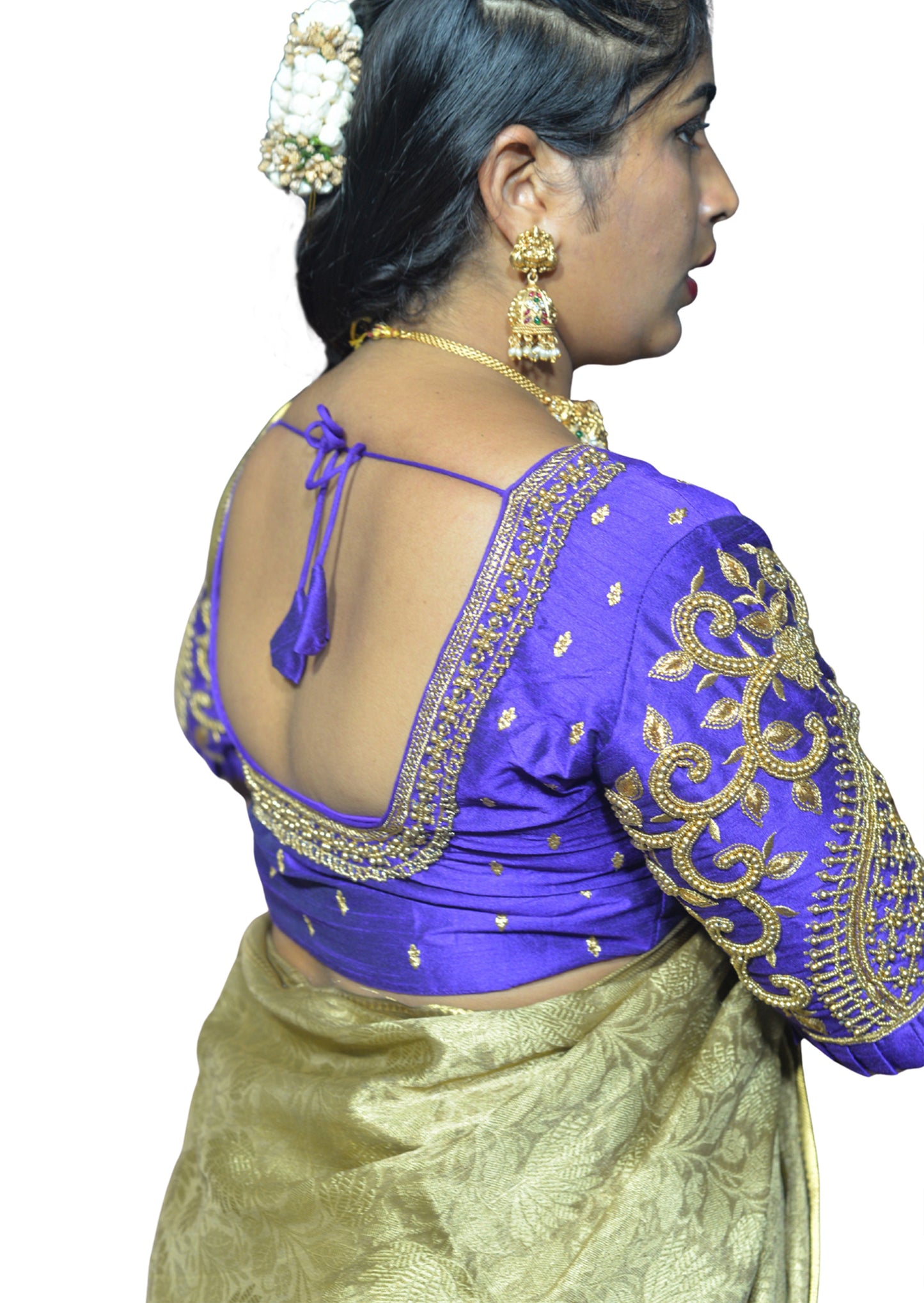 Purple Blouse with Leaf Sleeves & Dual Embroidery