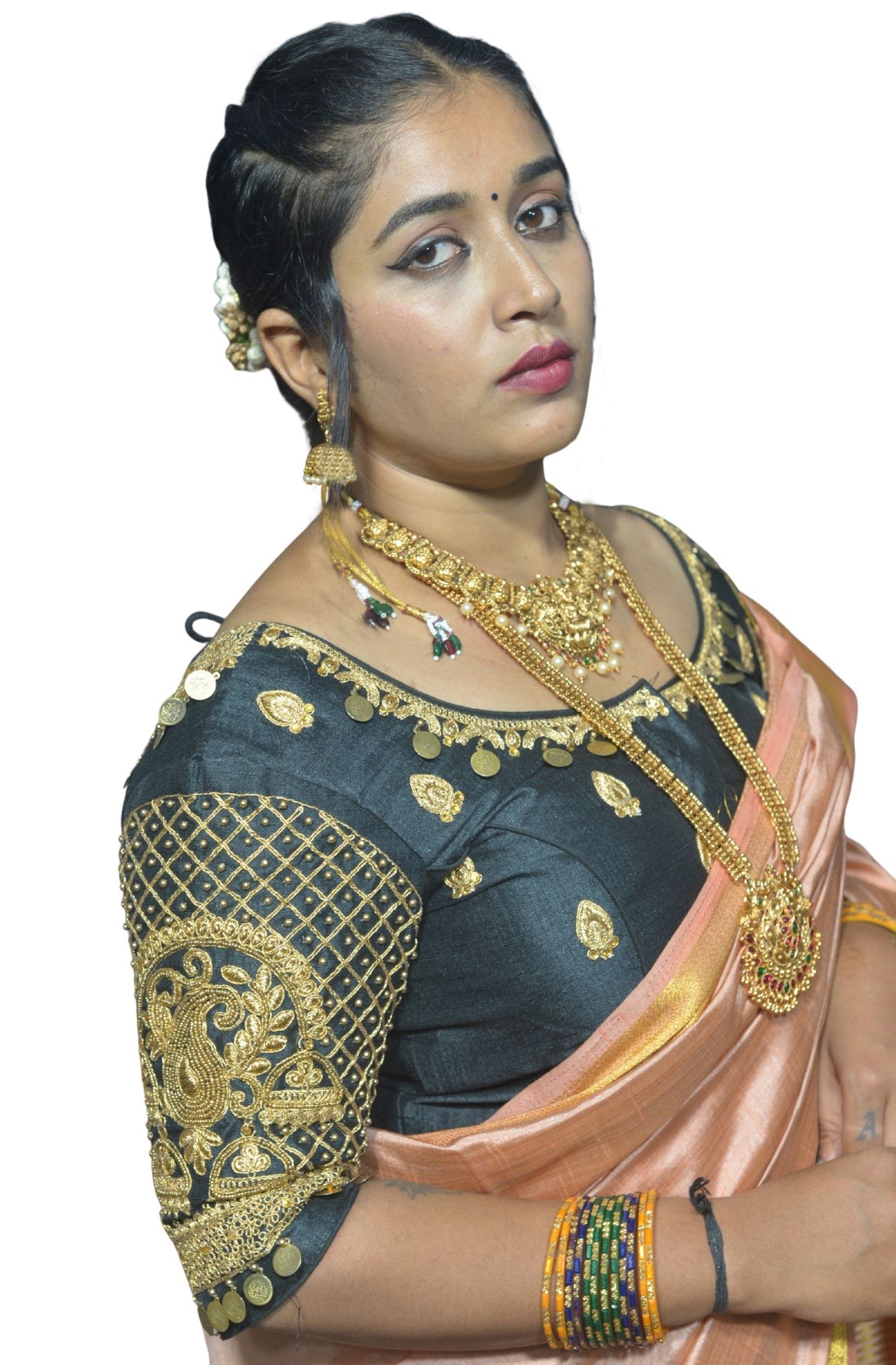 Black Blouse with Moti & Lakshmi Coin Sleeves, Dual Embroidery