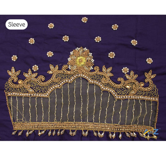 Dark Navy Blue Silk Blouse Piece With Aari Work