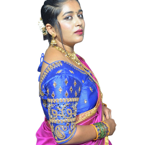 Royal Blue Blouse with Kite & Mango Motifs, Dual Embroidery