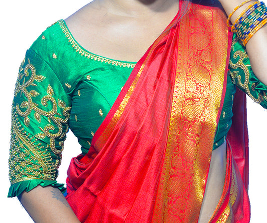 Basil Green Blouse with Leaf Sleeves & Dual Embroidery