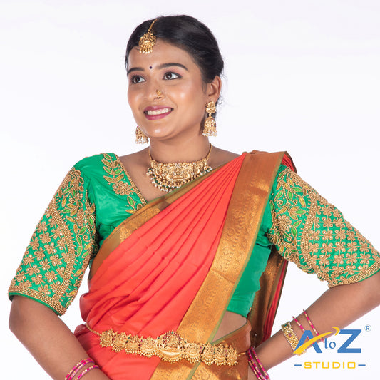 Spring Green Silk Cloth Blouse with Leaf and flower Design