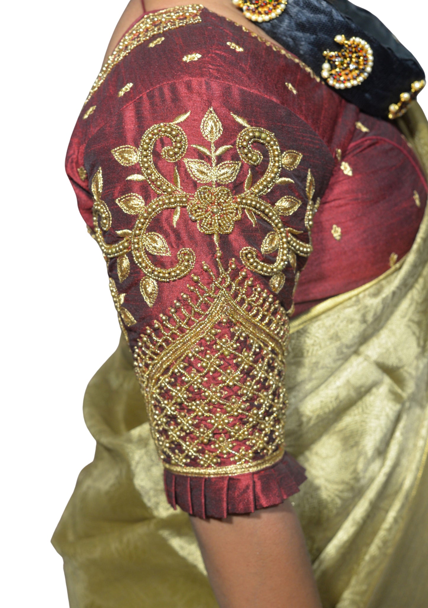 Reddish Maroon Blouse with Leaf Sleeves & Dual Embroidery
