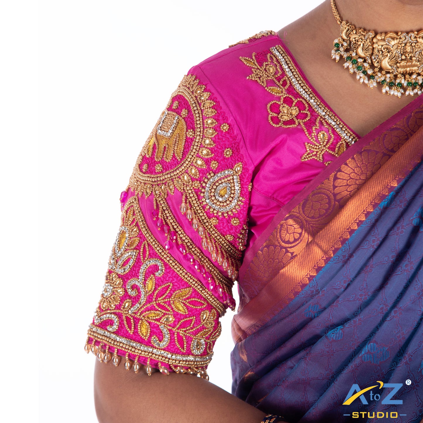 Bright Pink Silk Cloth Blouse with Flower and elephant design Design