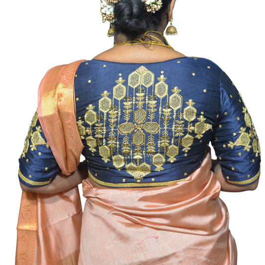 Navy Blue Blouse with Floral & Geometric Embroidery