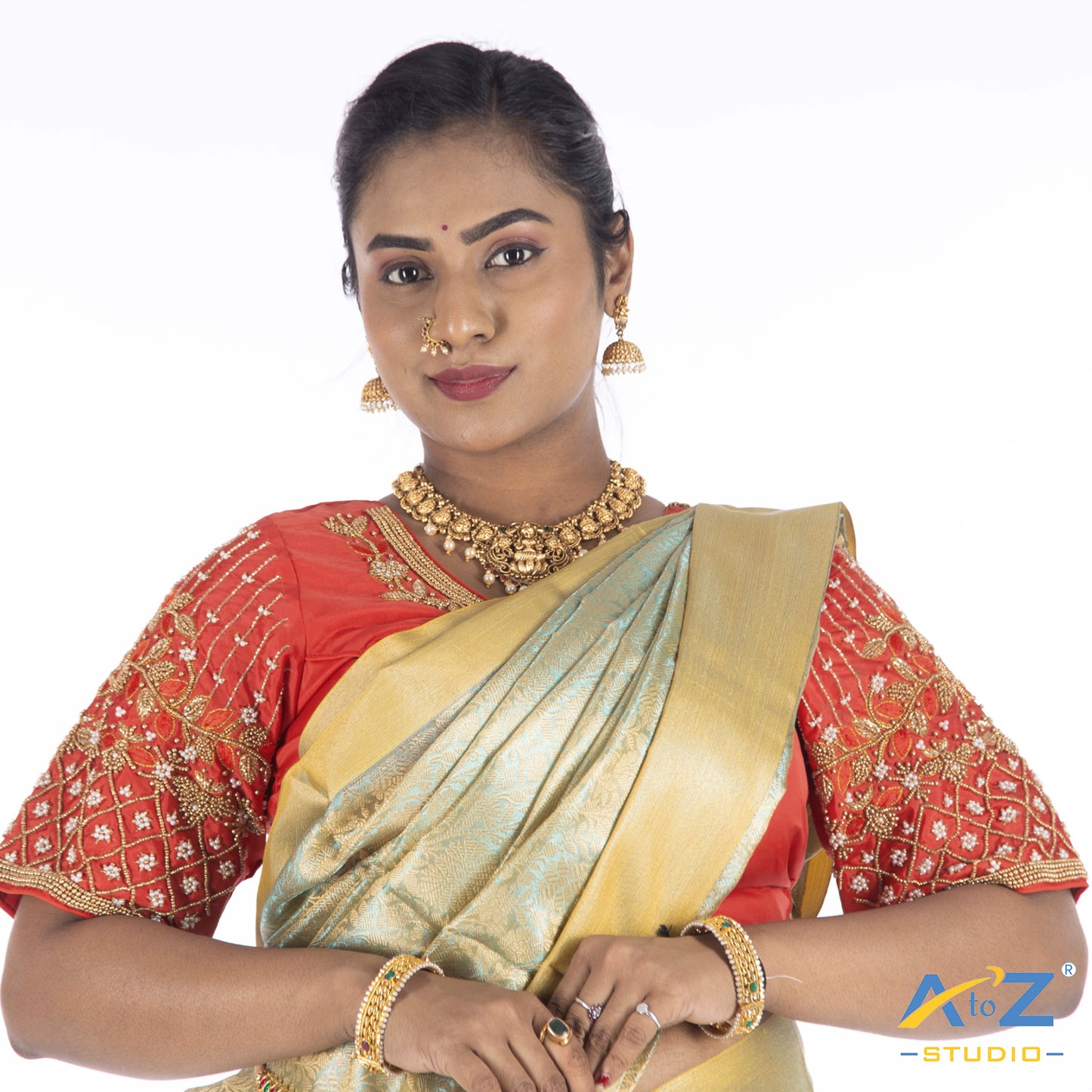 Light Red Silk Cloth Blouse with Flower and Leaf with pearl and chain Design