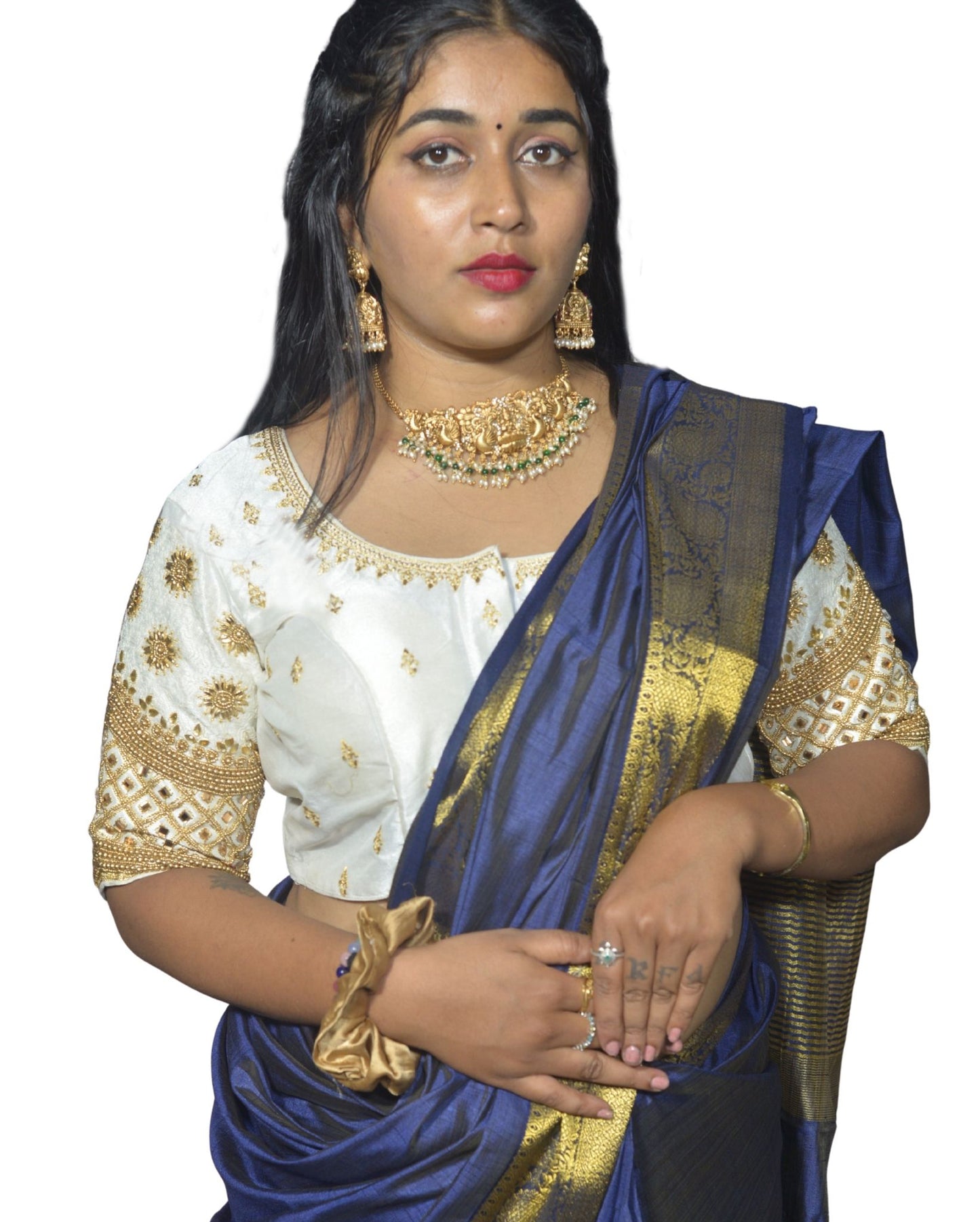 White Blouse with Floral, Mango Stone & Kite Motifs, Dual Embroidery