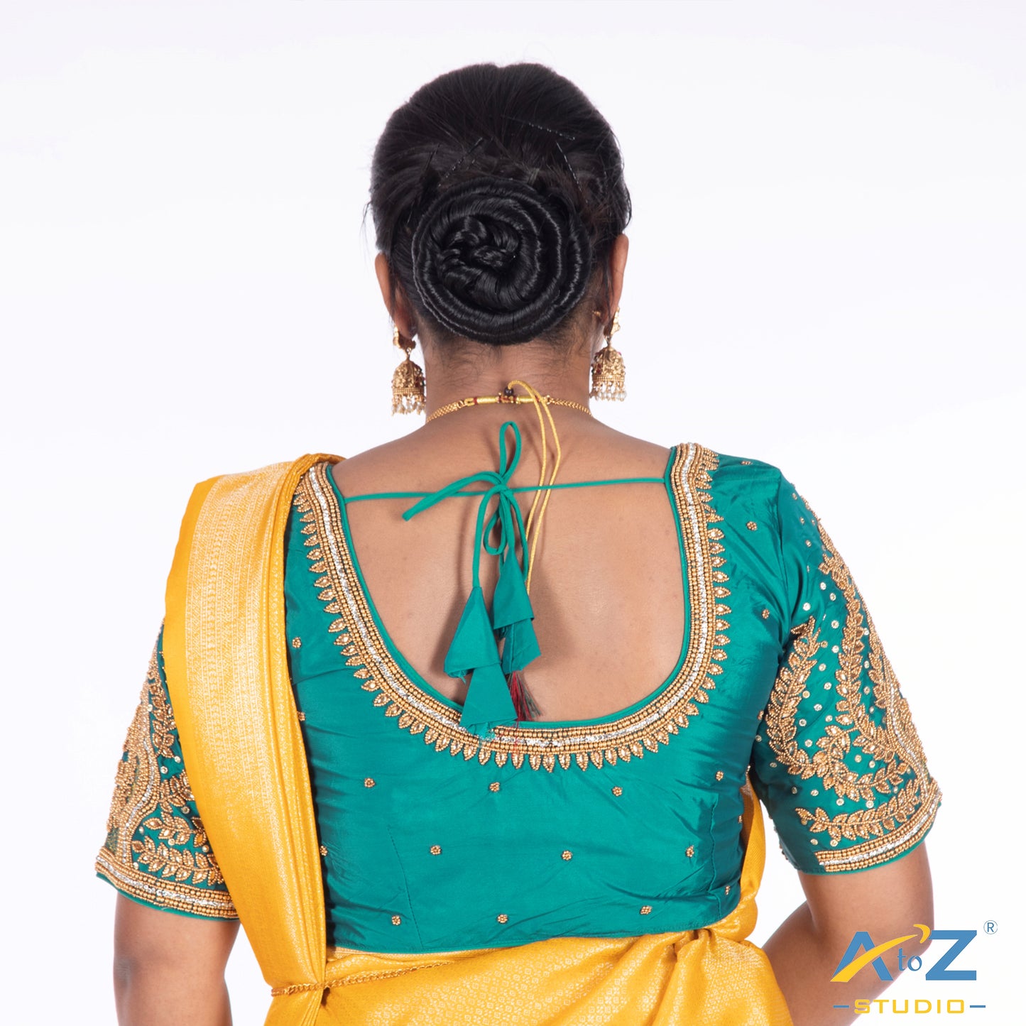 Sapphire Blue Silk Cloth Blouse with Small leaf and chain work Design