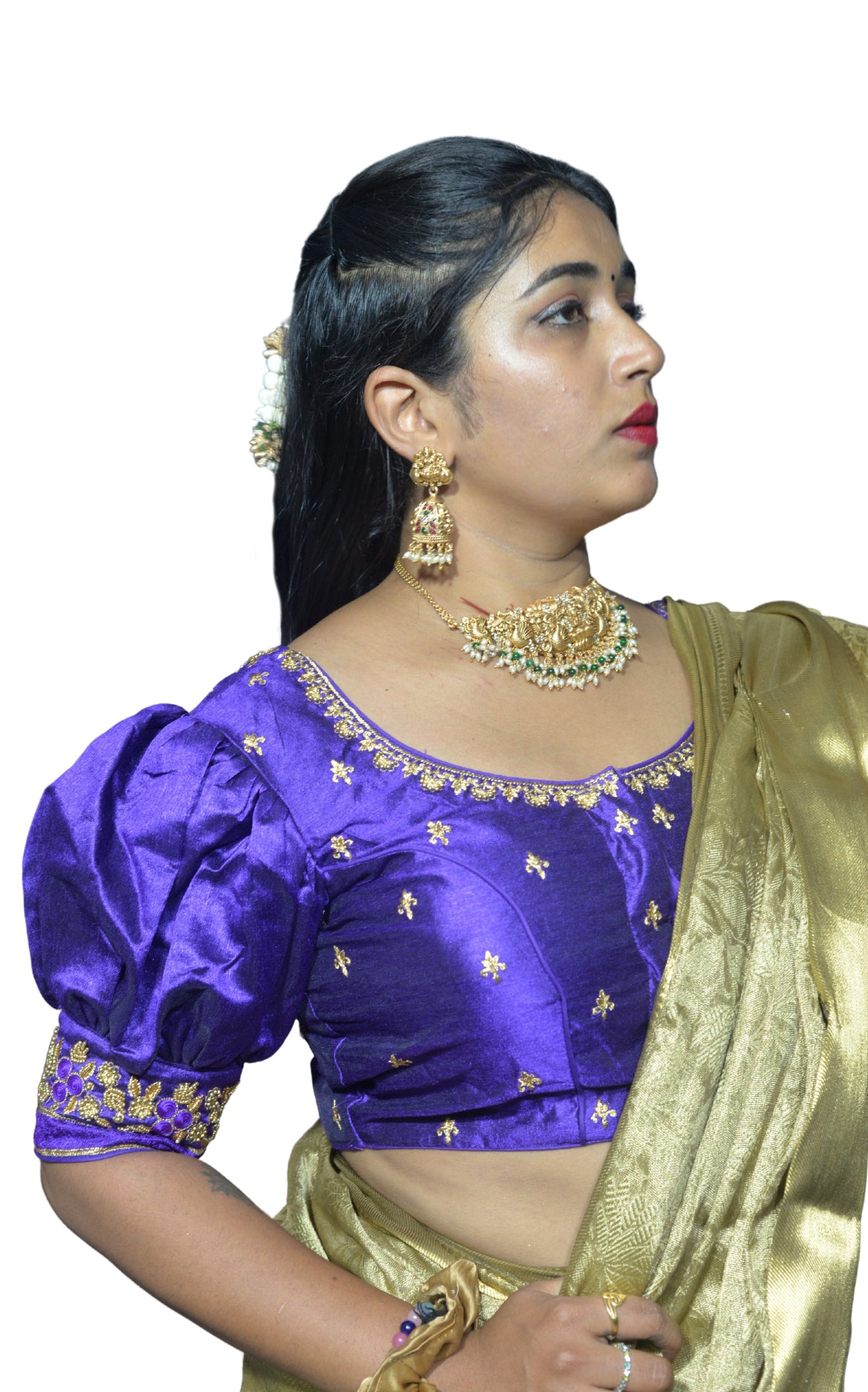 Dark Lavender Blouse with Gold Motifs & Dual Embroidery